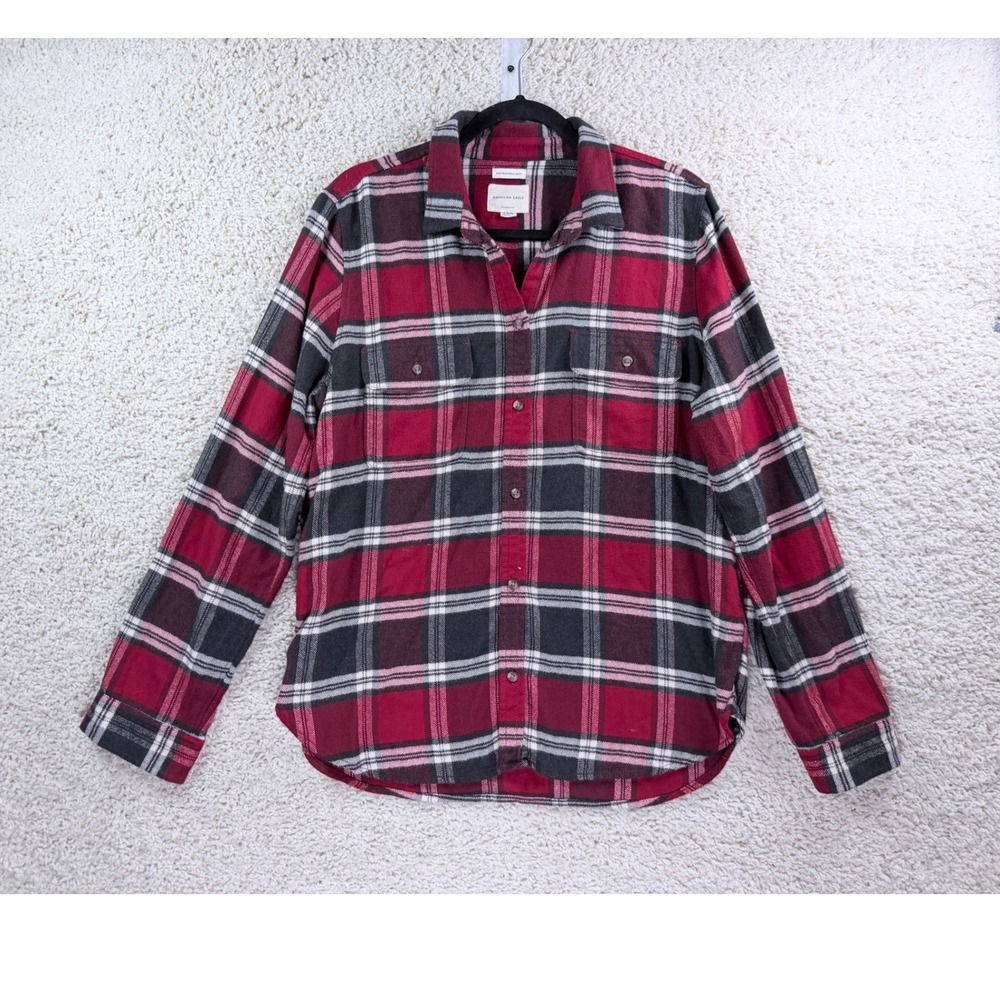 American Eagle Plaid Flannel Shirt Womens XL Red Black Classic Fit Soft - Picture 2 of 11